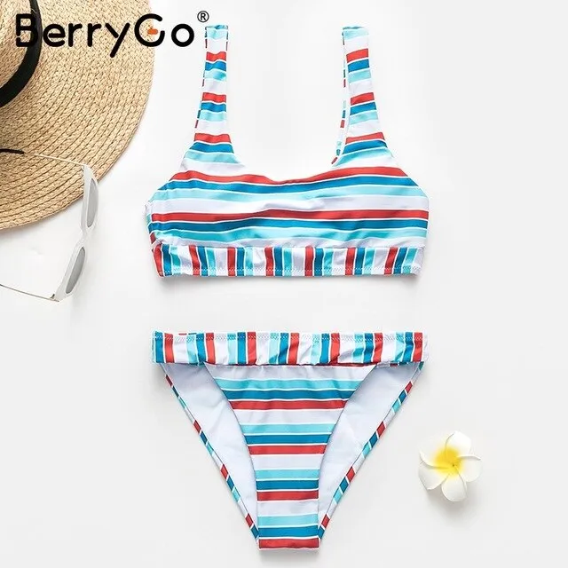 BerryGo Sexy push up two-piece women swimwear swimsuit Stripe summer beach swimsuit Casual holiday female swimwear bikini set