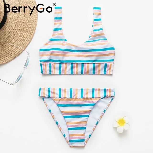 BerryGo Sexy push up two-piece women swimwear swimsuit Stripe summer beach swimsuit Casual holiday female swimwear bikini set