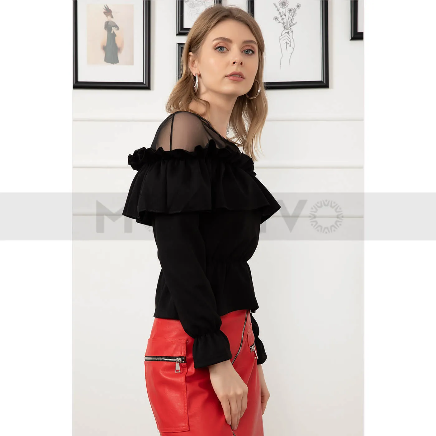 Black Ruffle Detailed Top