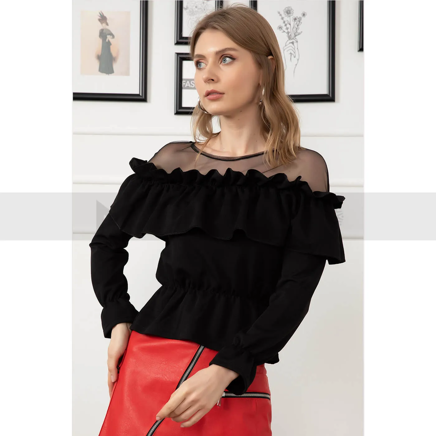 Black Ruffle Detailed Top