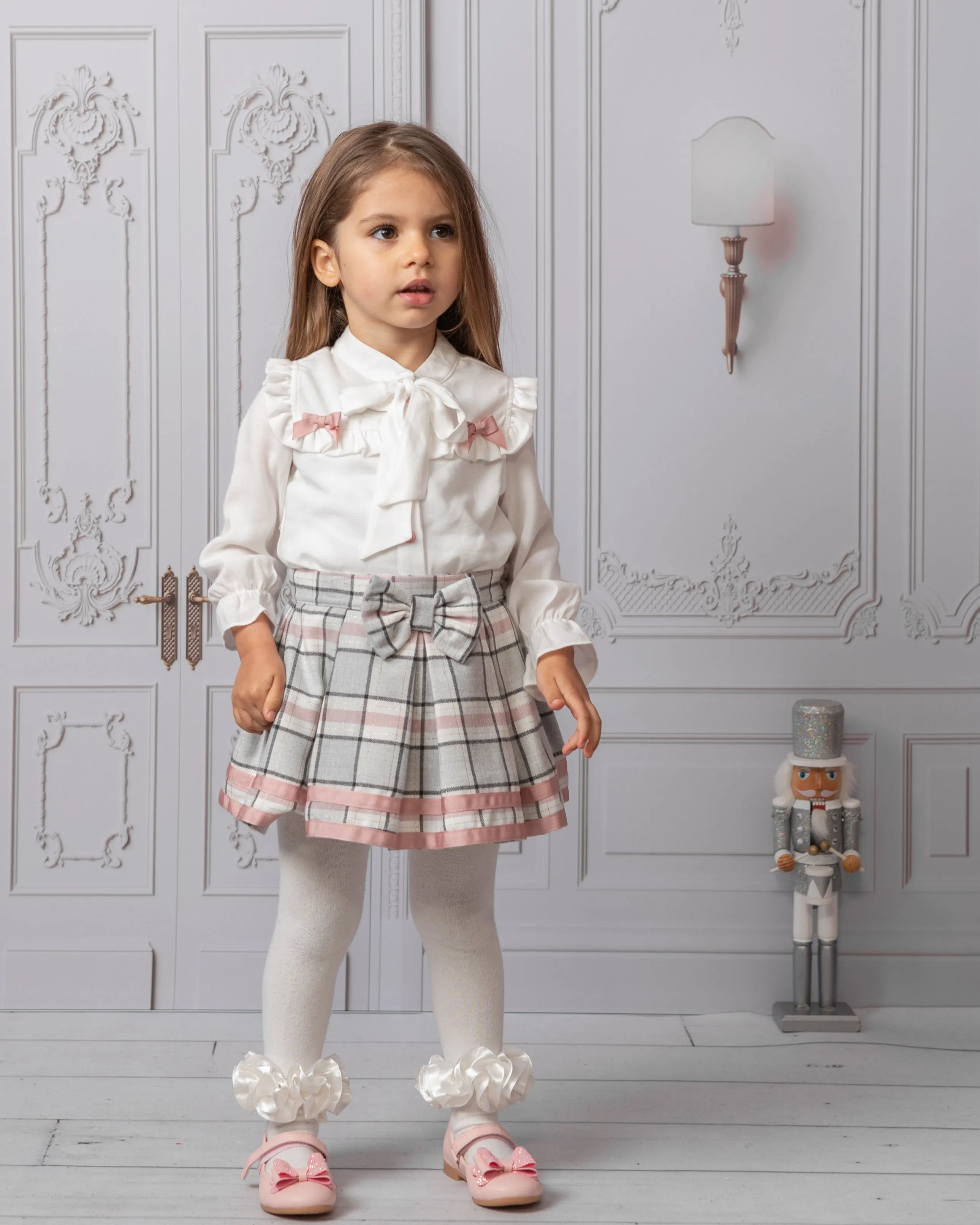 Caramelo Pink Check Blouse Skirt Set with hairband