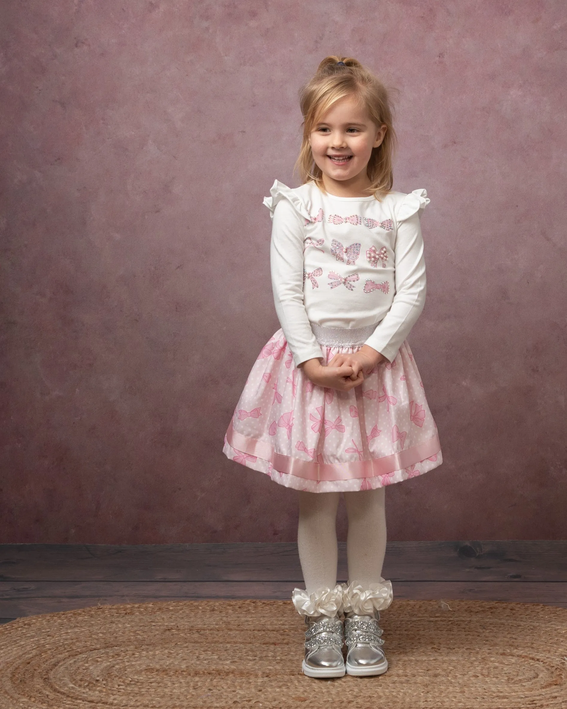 Caramelo Pink Diamanté Bow Skirt Set