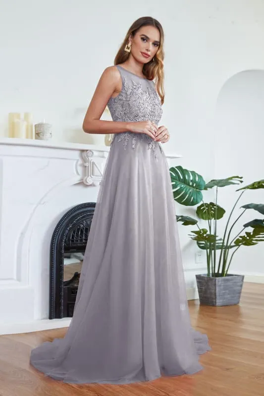 Chic Crew Neck Tulle Lace Aline Evening Dress Sleeveles Beading Party Wear Dress