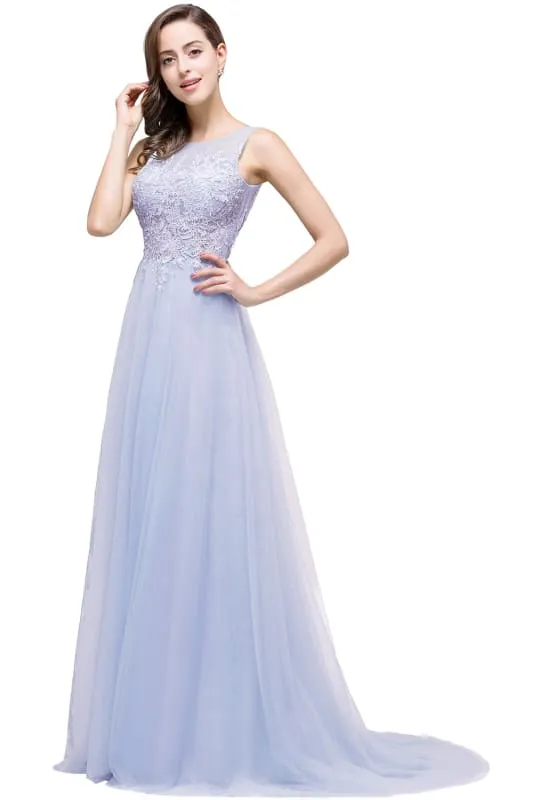 Chic Crew Neck Tulle Lace Aline Evening Dress Sleeveles Beading Party Wear Dress