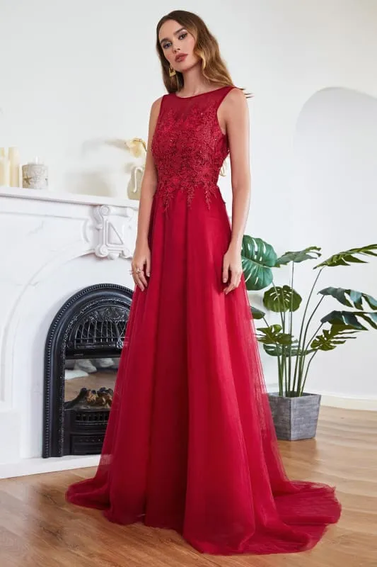 Chic Crew Neck Tulle Lace Aline Evening Dress Sleeveles Beading Party Wear Dress