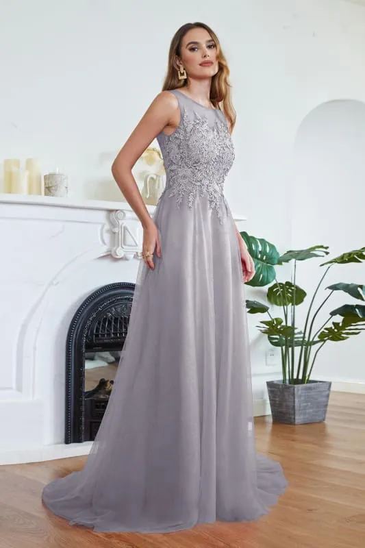Chic Crew Neck Tulle Lace Aline Evening Dress Sleeveles Beading Party Wear Dress