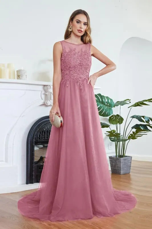 Chic Crew Neck Tulle Lace Aline Evening Dress Sleeveles Beading Party Wear Dress