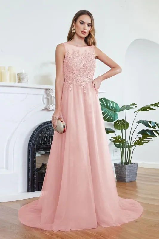 Chic Crew Neck Tulle Lace Aline Evening Dress Sleeveles Beading Party Wear Dress
