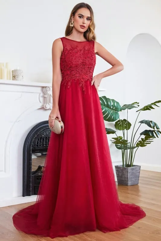 Chic Crew Neck Tulle Lace Aline Evening Dress Sleeveles Beading Party Wear Dress