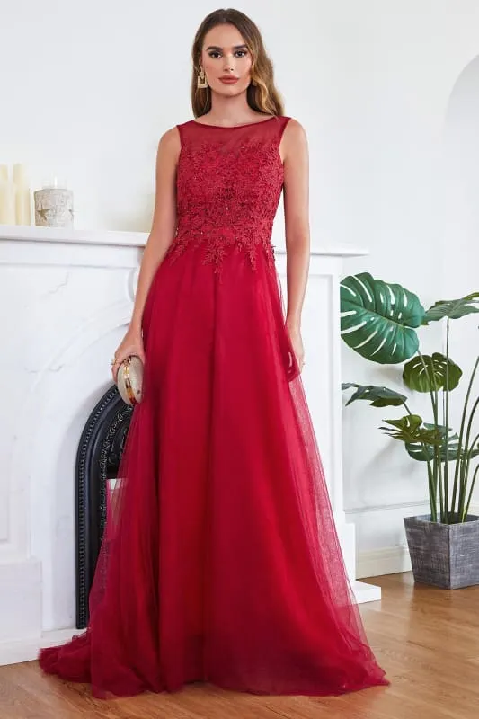 Chic Crew Neck Tulle Lace Aline Evening Dress Sleeveles Beading Party Wear Dress