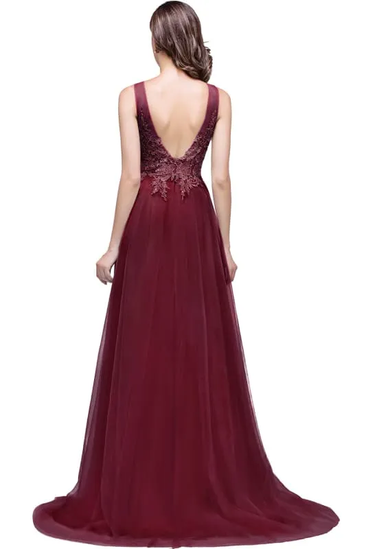 Chic Crew Neck Tulle Lace Aline Evening Dress Sleeveles Beading Party Wear Dress