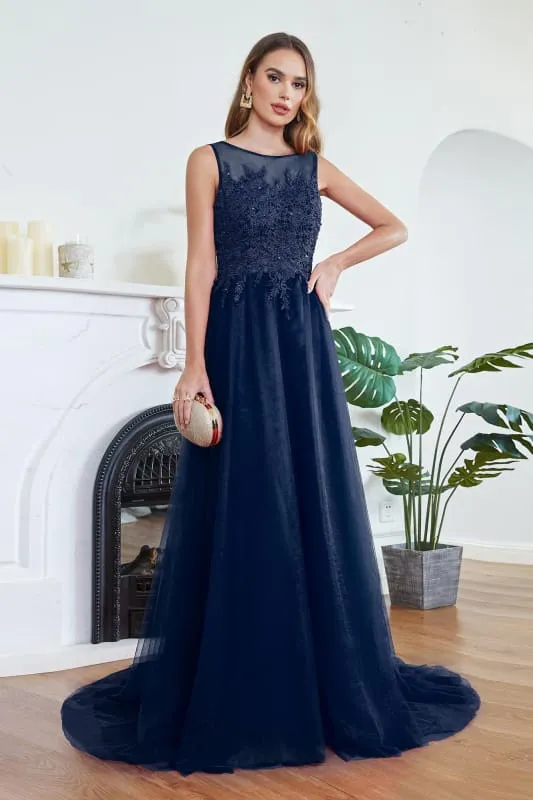 Chic Crew Neck Tulle Lace Aline Evening Dress Sleeveles Beading Party Wear Dress