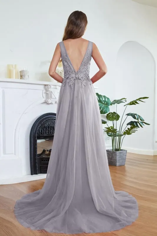 Chic Crew Neck Tulle Lace Aline Evening Dress Sleeveles Beading Party Wear Dress