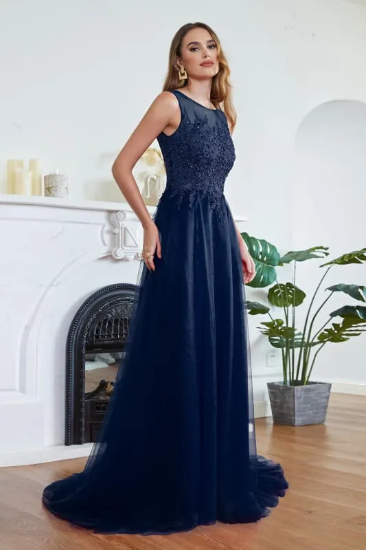 Chic Crew Neck Tulle Lace Aline Evening Dress Sleeveles Beading Party Wear Dress