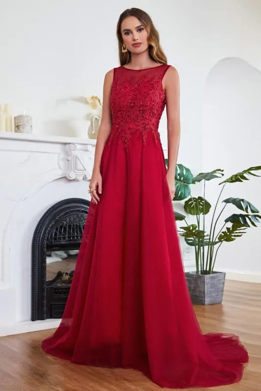 Chic Crew Neck Tulle Lace Aline Evening Dress Sleeveles Beading Party Wear Dress