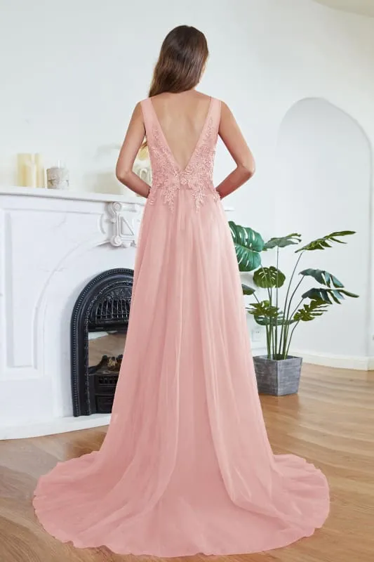Chic Crew Neck Tulle Lace Aline Evening Dress Sleeveles Beading Party Wear Dress