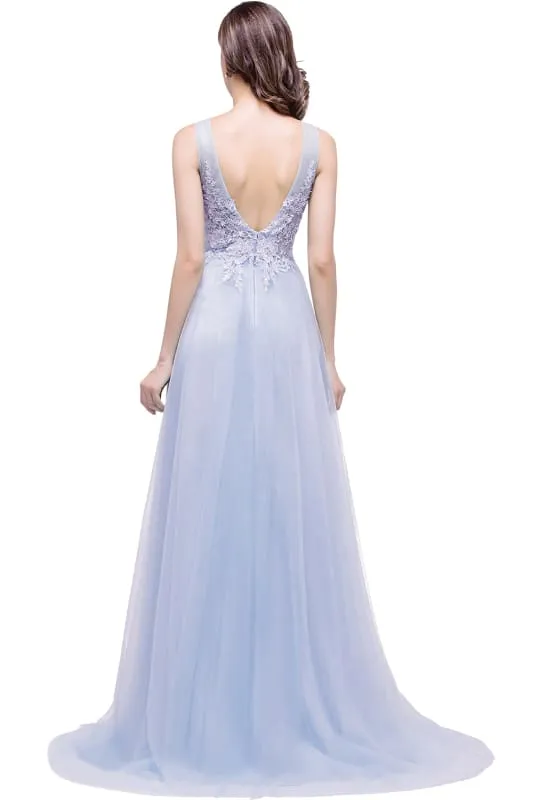Chic Crew Neck Tulle Lace Aline Evening Dress Sleeveles Beading Party Wear Dress