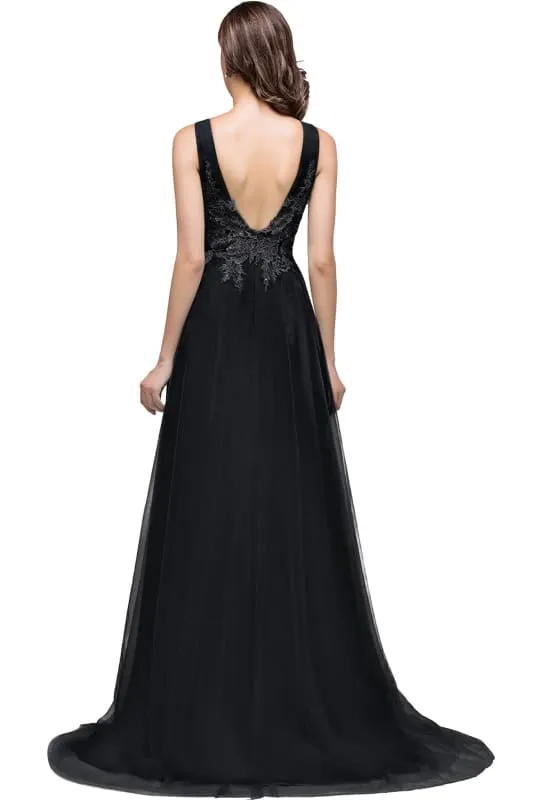 Chic Crew Neck Tulle Lace Aline Evening Dress Sleeveles Beading Party Wear Dress