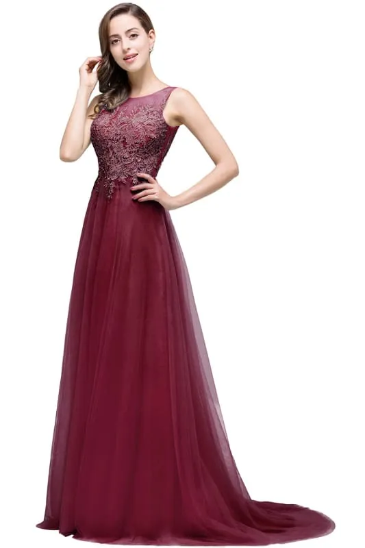 Chic Crew Neck Tulle Lace Aline Evening Dress Sleeveles Beading Party Wear Dress