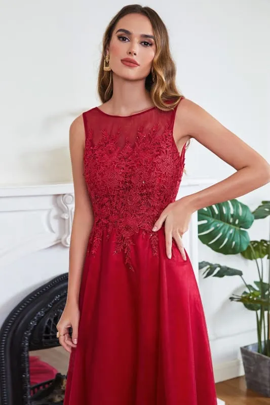 Chic Crew Neck Tulle Lace Aline Evening Dress Sleeveles Beading Party Wear Dress