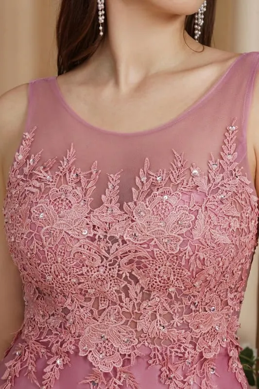 Chic Crew Neck Tulle Lace Aline Evening Dress Sleeveles Beading Party Wear Dress