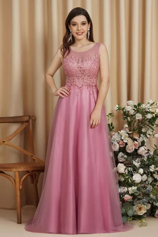 Chic Crew Neck Tulle Lace Aline Evening Dress Sleeveles Beading Party Wear Dress