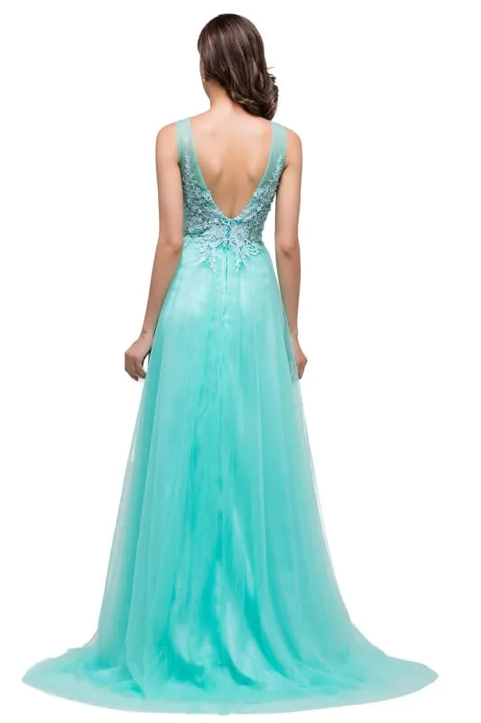 Chic Crew Neck Tulle Lace Aline Evening Dress Sleeveles Beading Party Wear Dress