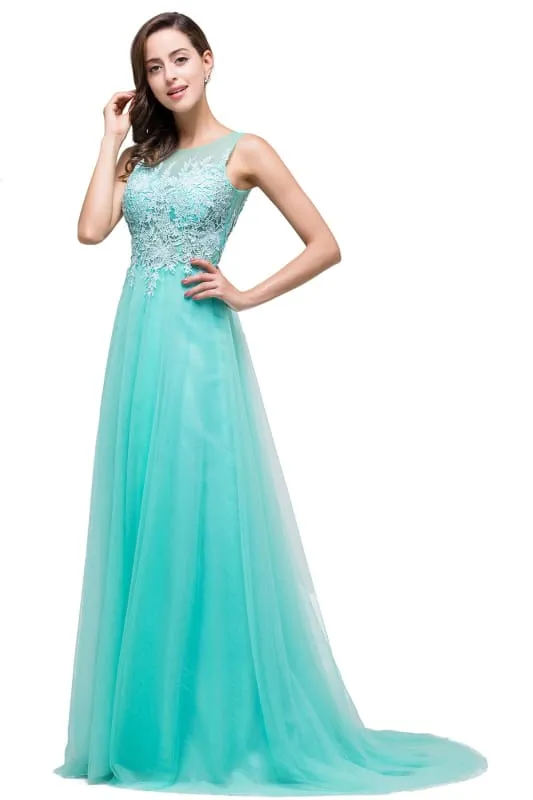 Chic Crew Neck Tulle Lace Aline Evening Dress Sleeveles Beading Party Wear Dress