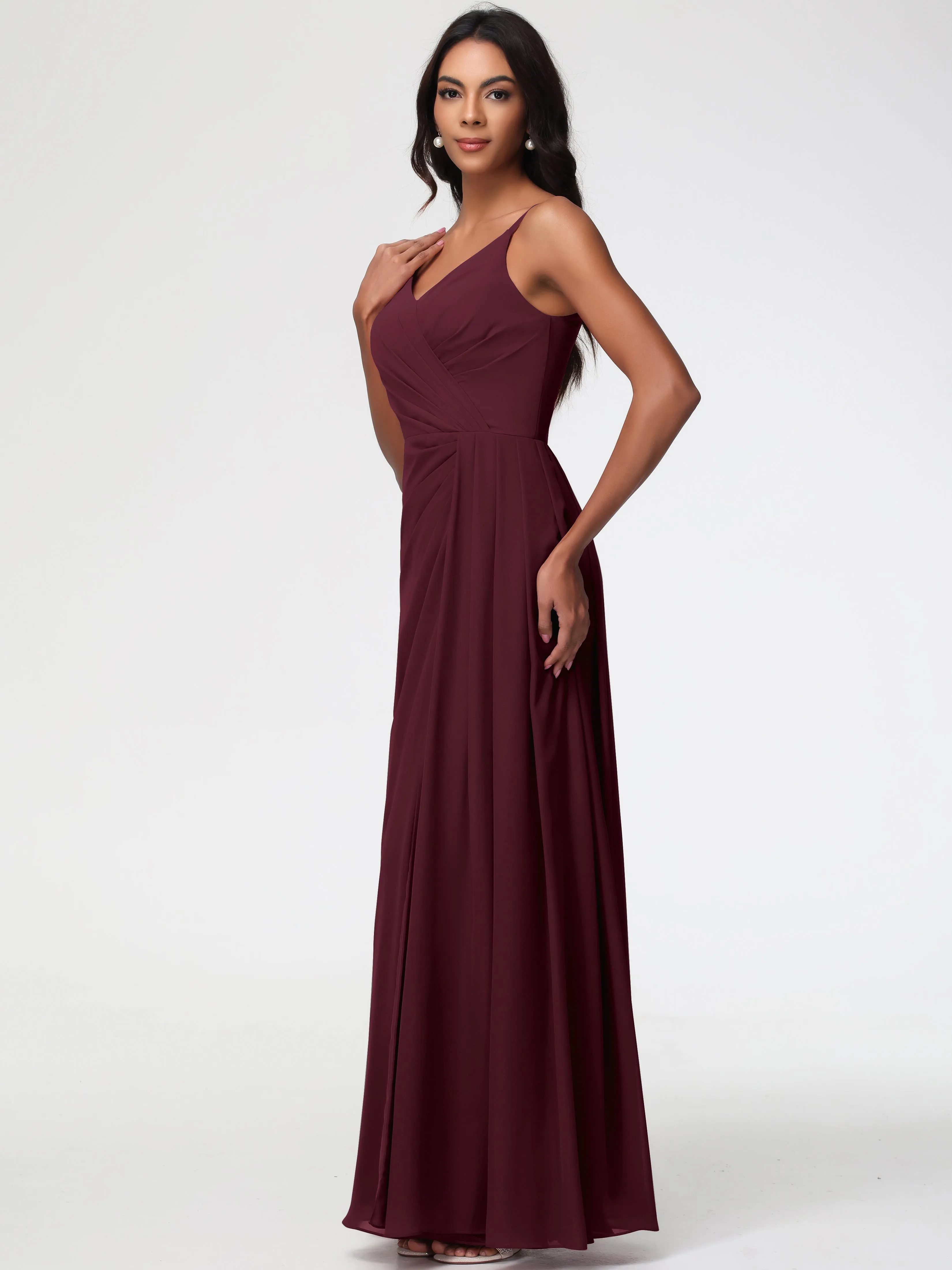 Chiffon Cabernet Bridesmaid Dress A-Line V-Neck Spaghetti Straps Ruched Chiffon Bridesmaid Dresses With Slit