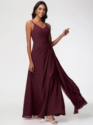 Chiffon Cabernet Bridesmaid Dress A-Line V-Neck Spaghetti Straps Ruched Chiffon Bridesmaid Dresses With Slit