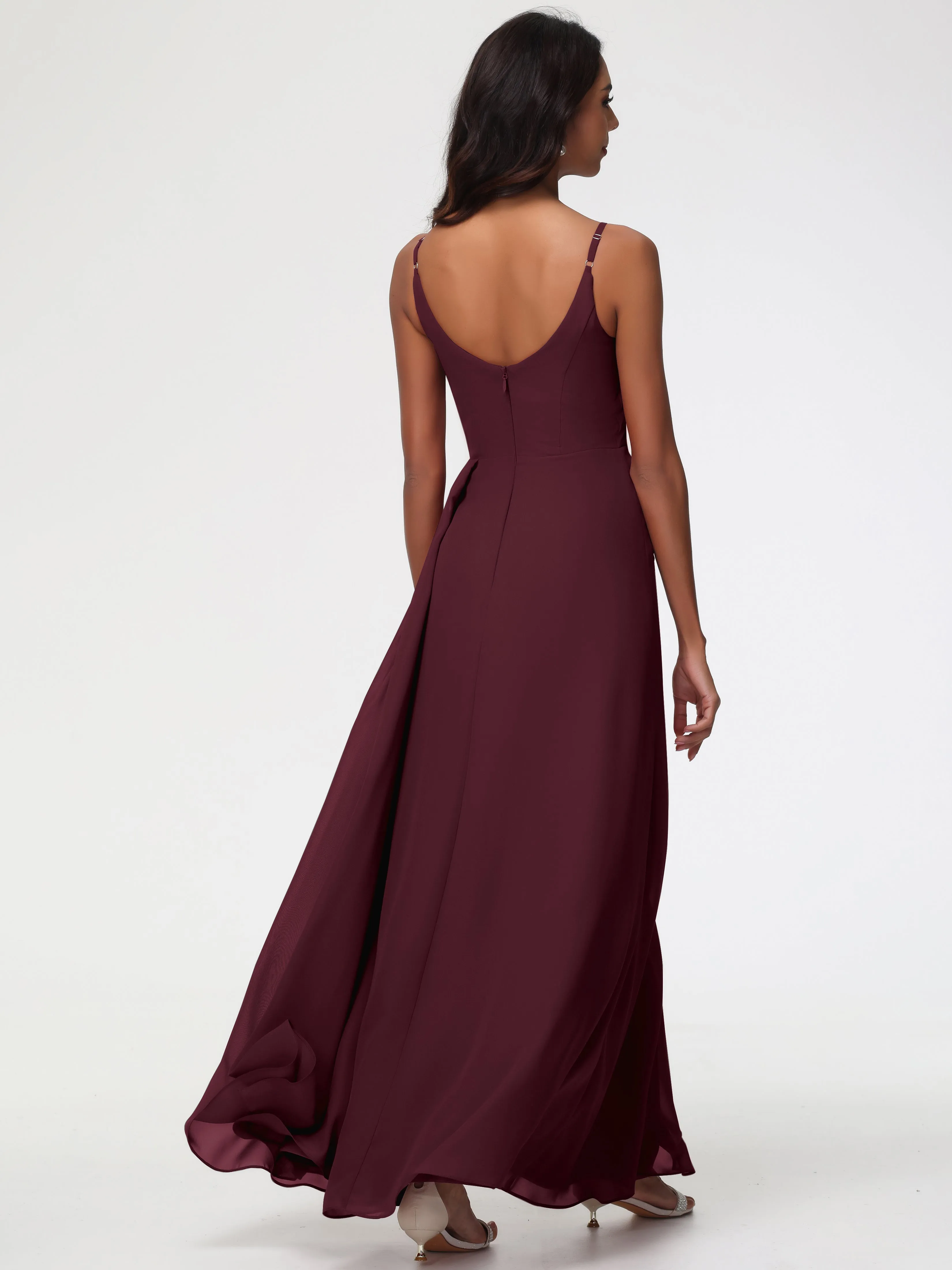 Chiffon Cabernet Bridesmaid Dress A-Line V-Neck Spaghetti Straps Ruched Chiffon Bridesmaid Dresses With Slit