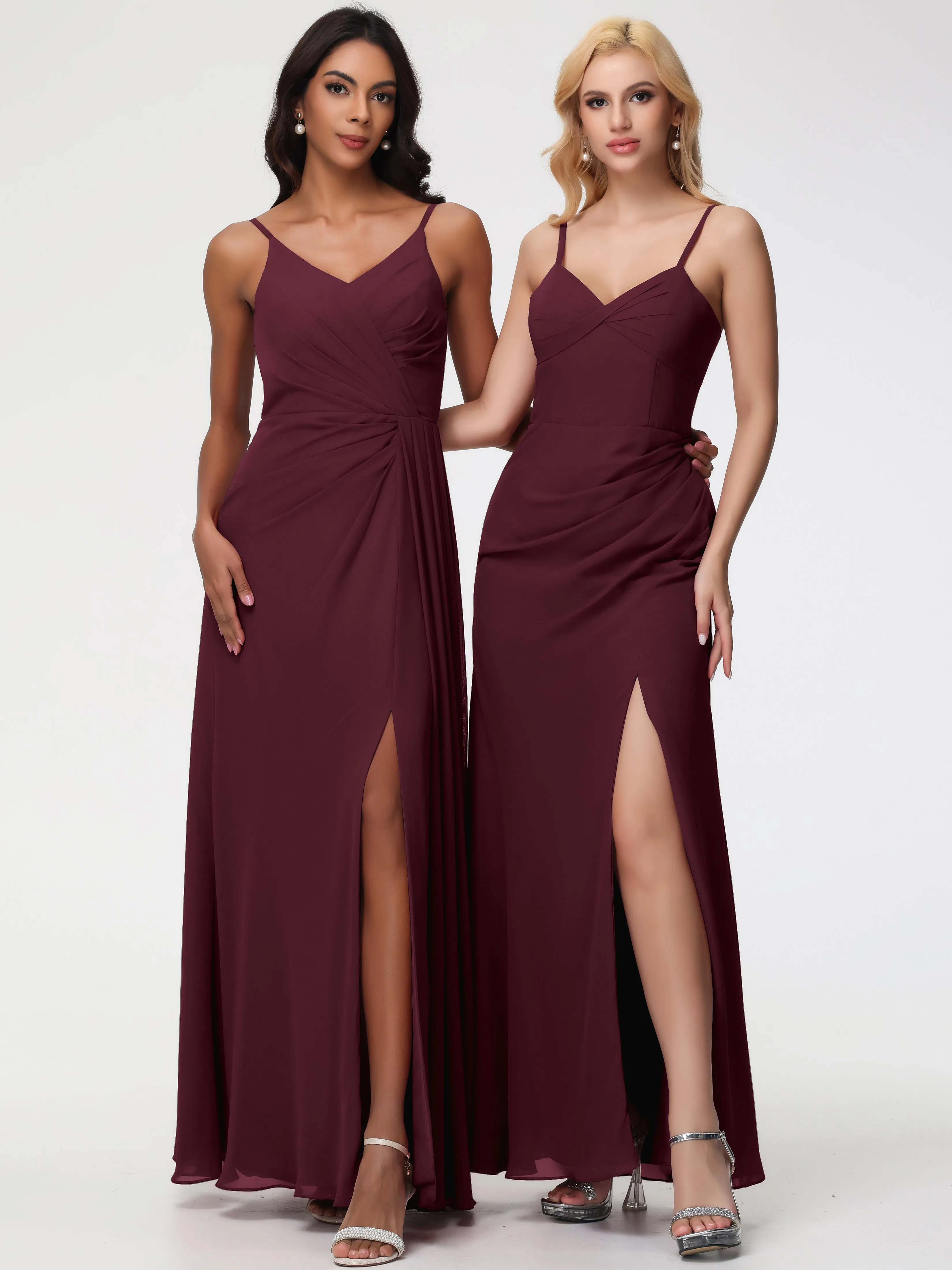 Chiffon Cabernet Bridesmaid Dress A-Line V-Neck Spaghetti Straps Ruched Chiffon Bridesmaid Dresses With Slit