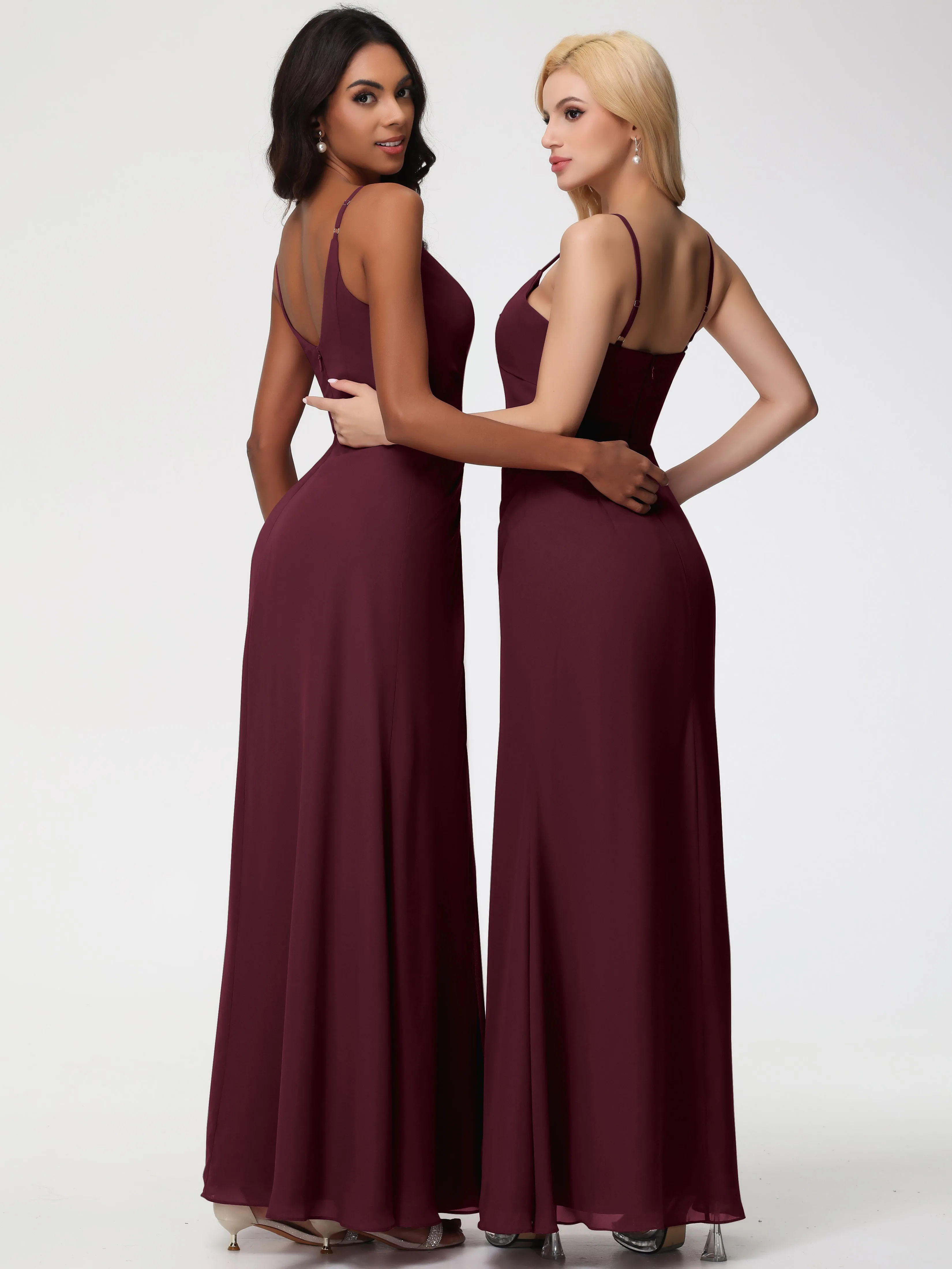 Chiffon Cabernet Bridesmaid Dress A-Line V-Neck Spaghetti Straps Ruched Chiffon Bridesmaid Dresses With Slit