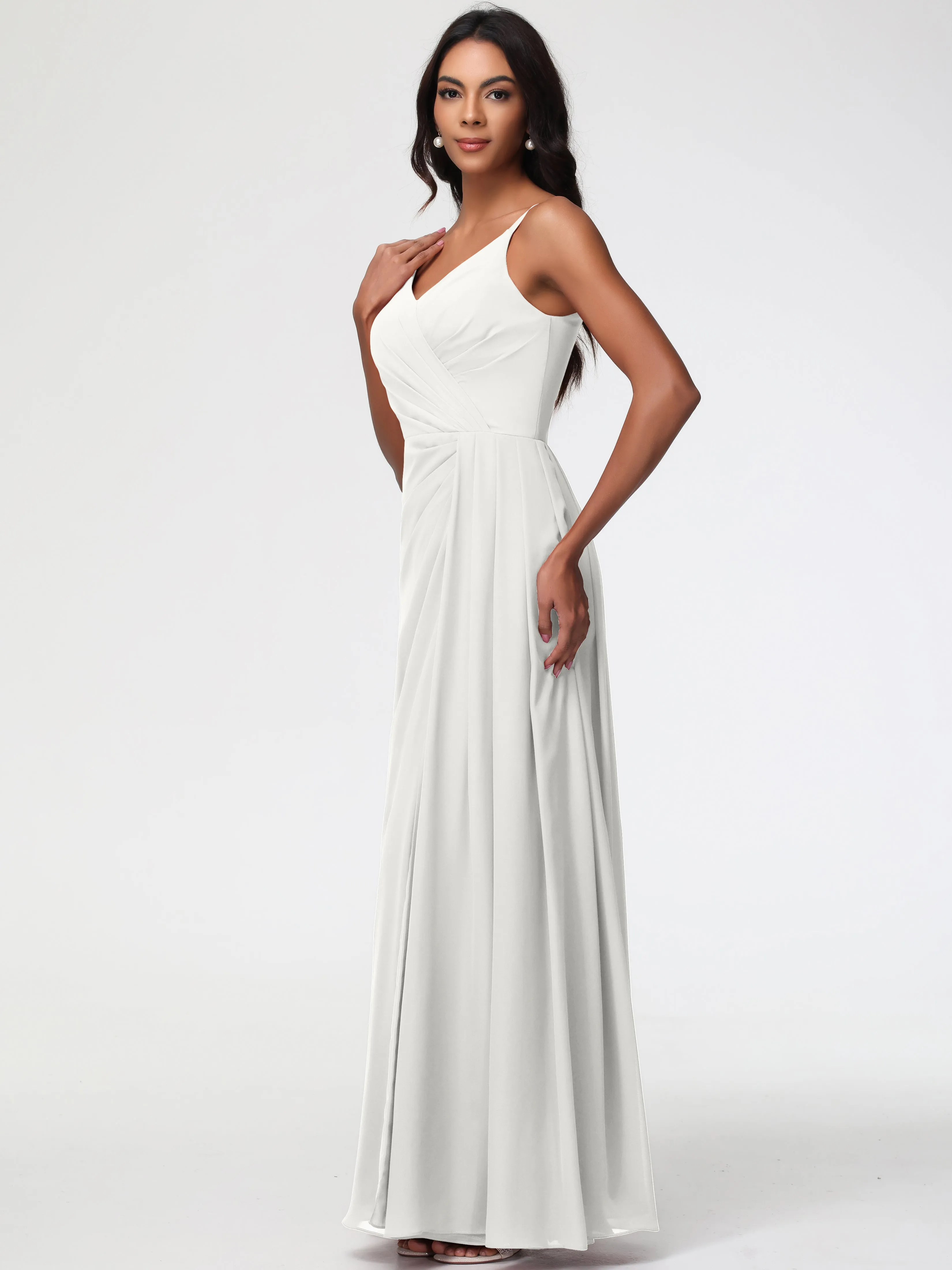 Chiffon Ivory Bridesmaid Dresses A-Line V-Neck Spaghetti Straps Ruched Chiffon Bridesmaid Dresses With Slit