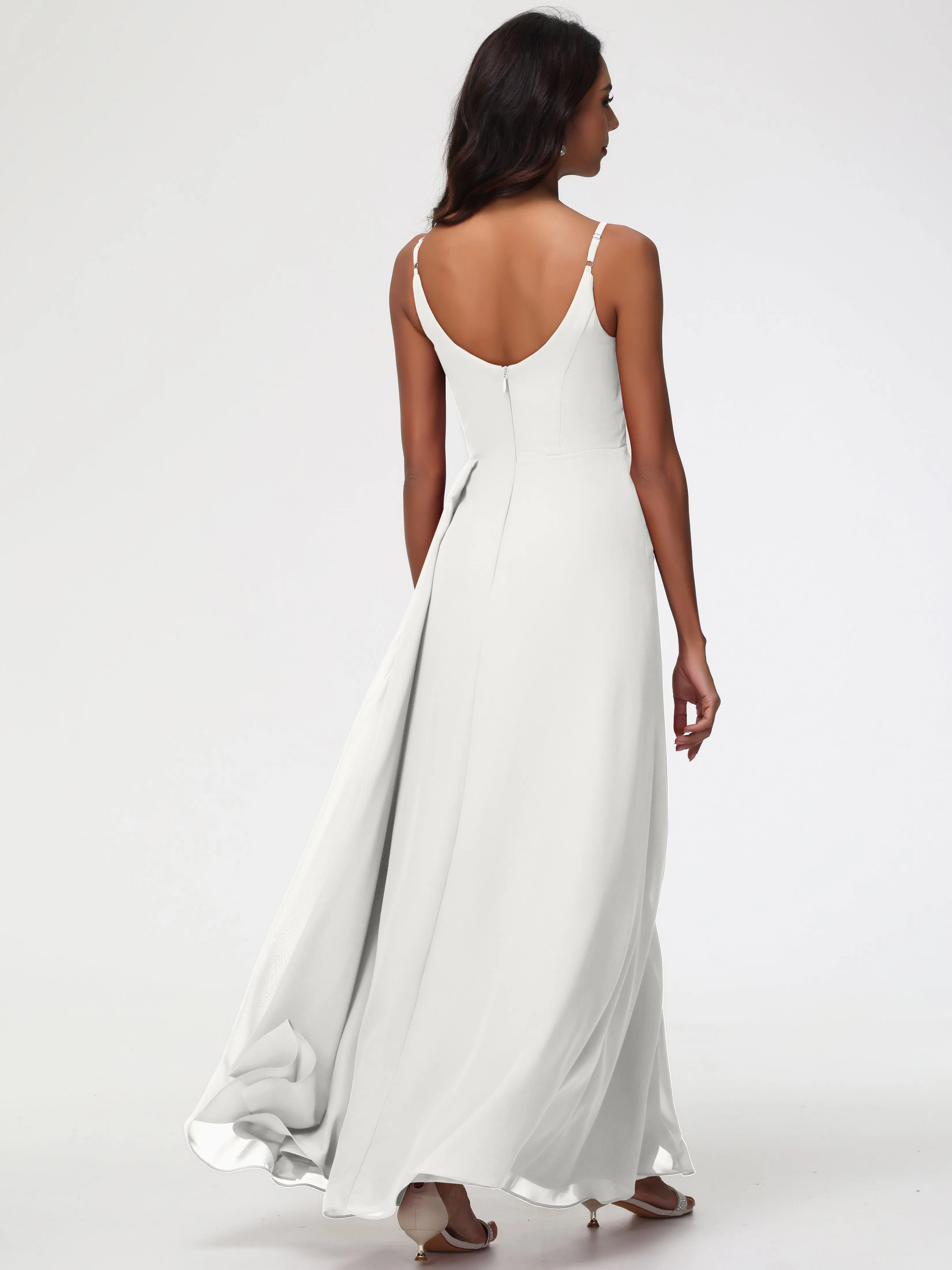 Chiffon Ivory Bridesmaid Dresses A-Line V-Neck Spaghetti Straps Ruched Chiffon Bridesmaid Dresses With Slit