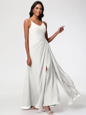 Chiffon Ivory Bridesmaid Dresses A-Line V-Neck Spaghetti Straps Ruched Chiffon Bridesmaid Dresses With Slit