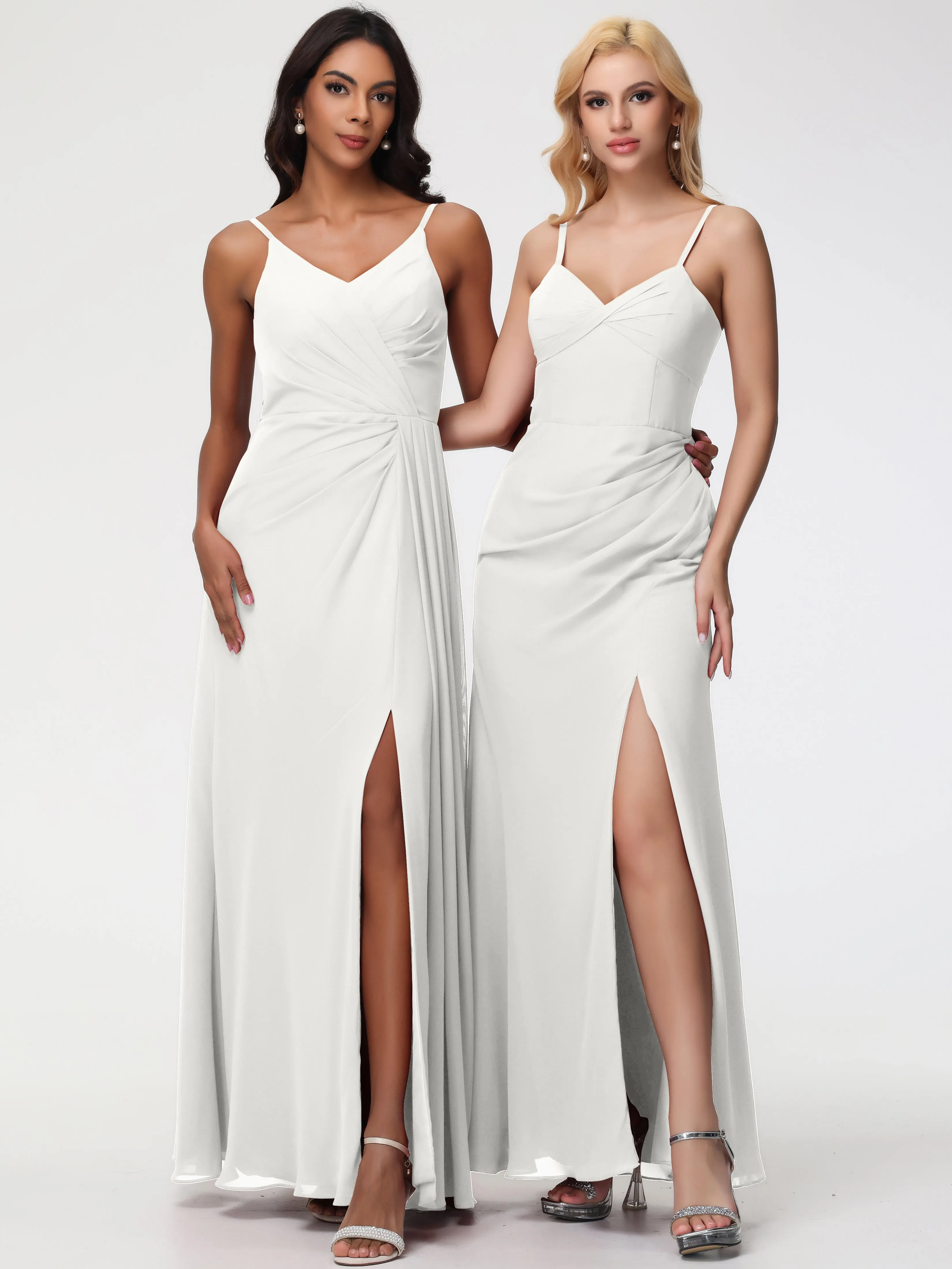 Chiffon Ivory Bridesmaid Dresses A-Line V-Neck Spaghetti Straps Ruched Chiffon Bridesmaid Dresses With Slit
