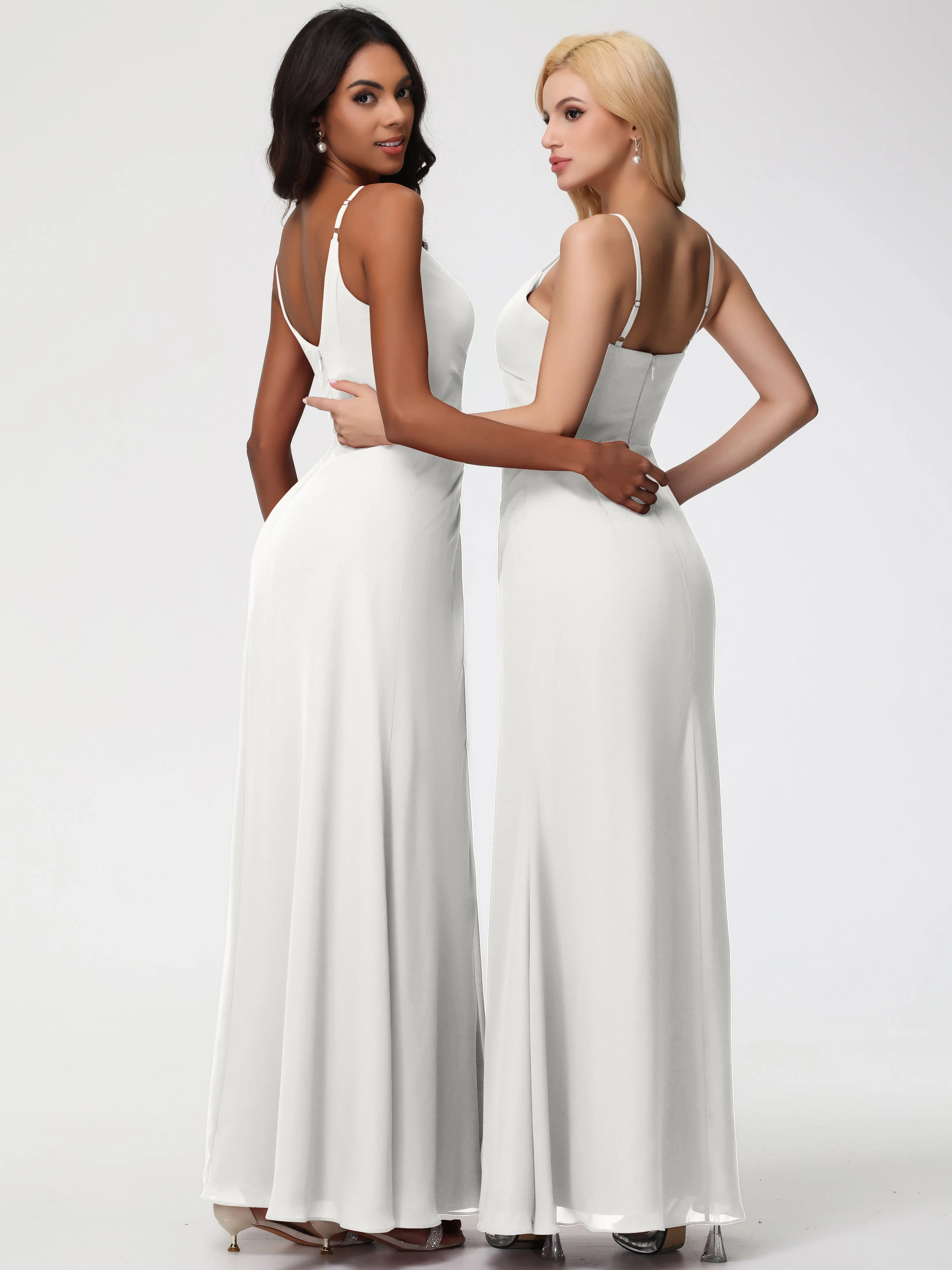 Chiffon Ivory Bridesmaid Dresses A-Line V-Neck Spaghetti Straps Ruched Chiffon Bridesmaid Dresses With Slit
