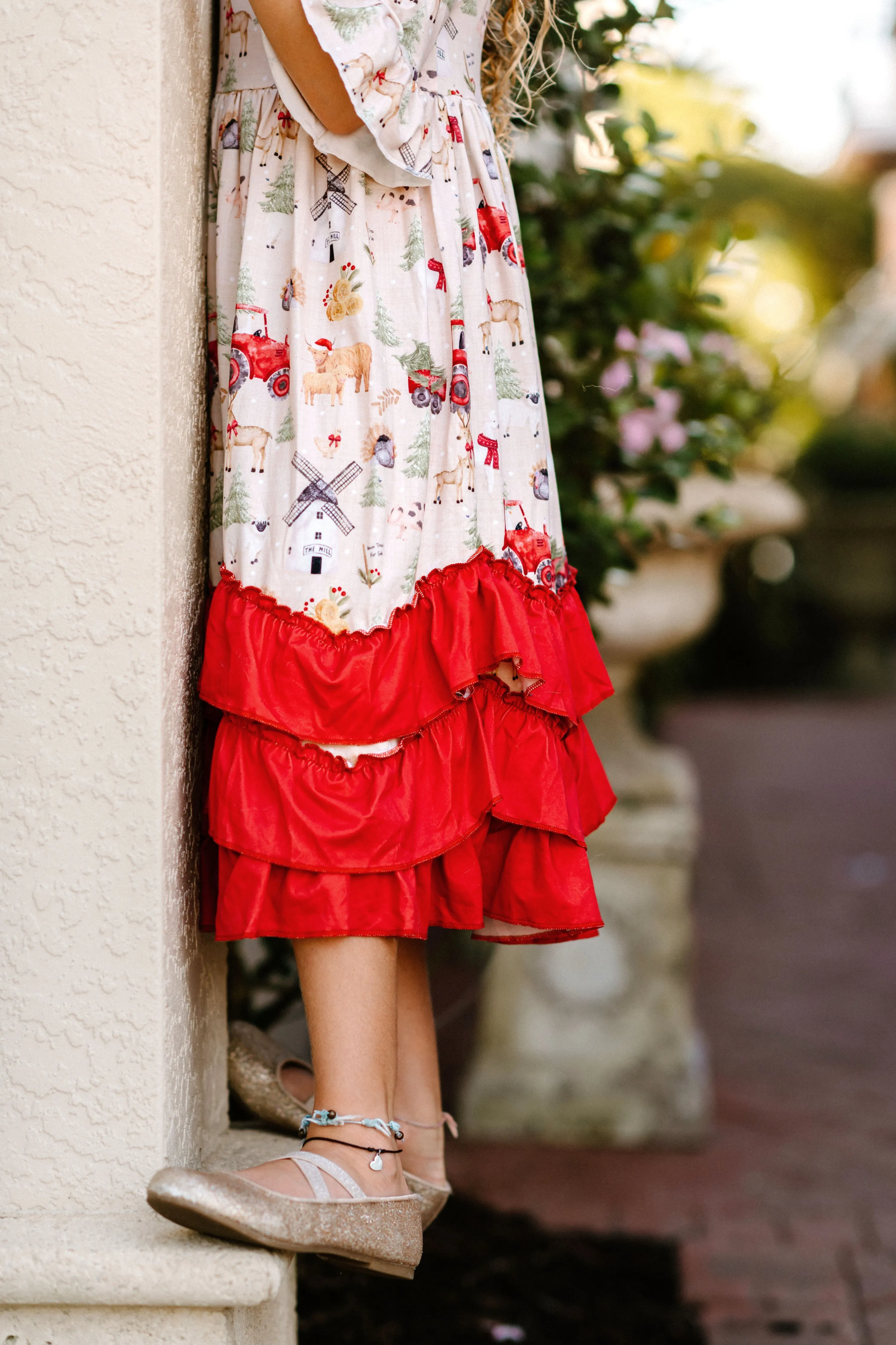 Girls Long Ruffle Holiday/Christmas  Dresses - Farm Animals