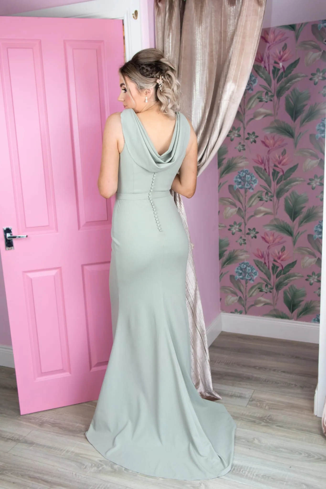 Ivy Sage Green Cowl Back Bridesmaids Dress