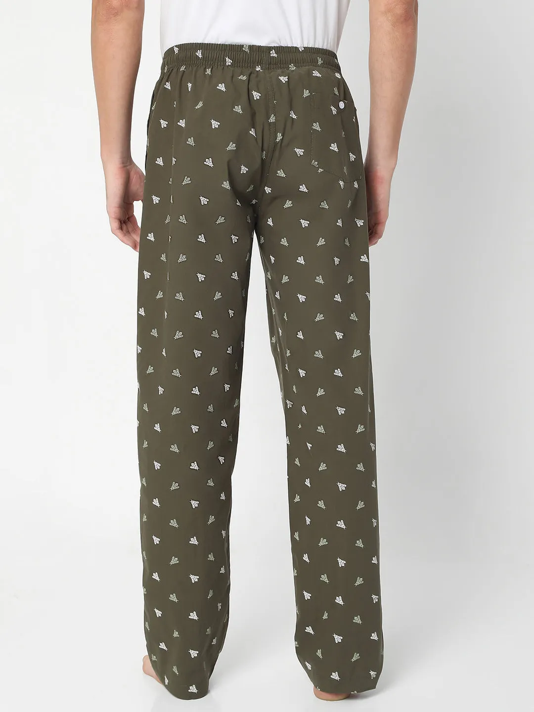Men Premium Olive Cotton Printed Pyjama- Underjeans By Spykar