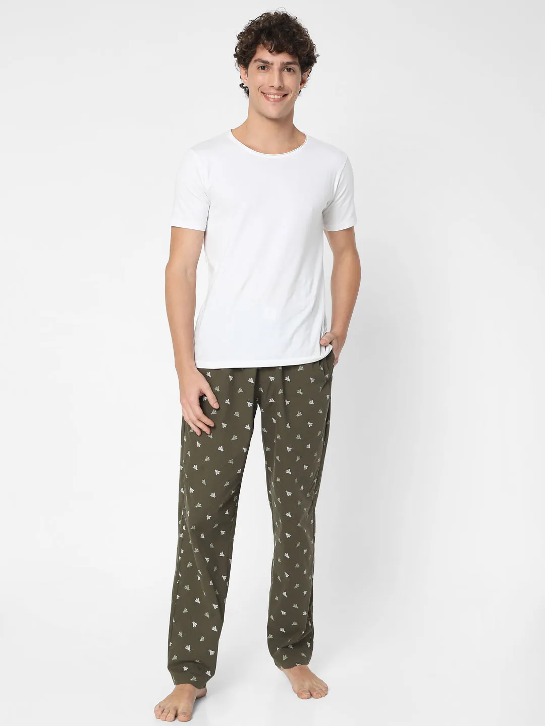 Men Premium Olive Cotton Printed Pyjama- Underjeans By Spykar