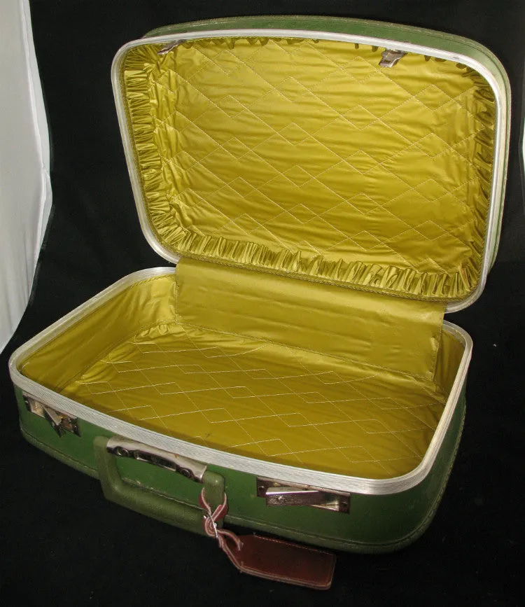 VINTAGE Green Gold HARD CASE TRAVEL LUGGAGE CARRY ON Train BAGGAGE BAG Handbag