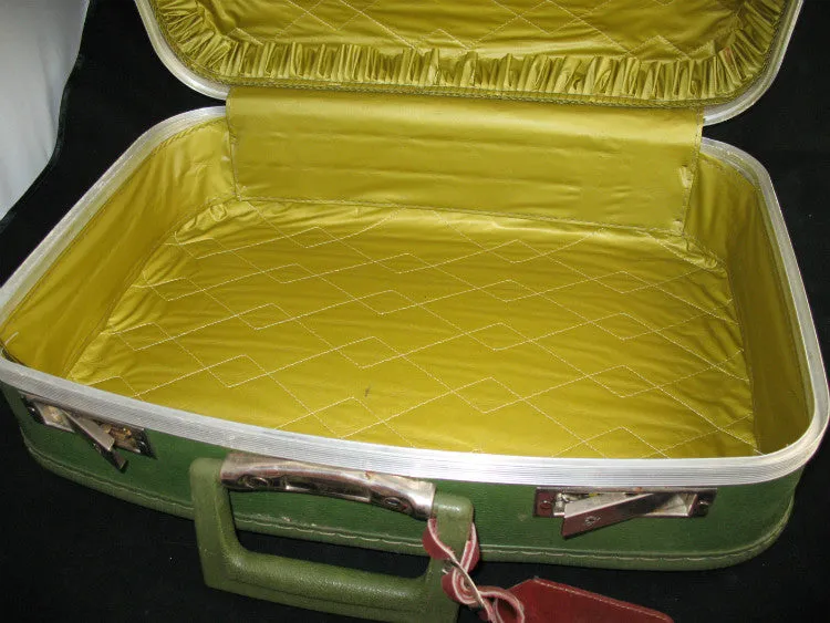 VINTAGE Green Gold HARD CASE TRAVEL LUGGAGE CARRY ON Train BAGGAGE BAG Handbag