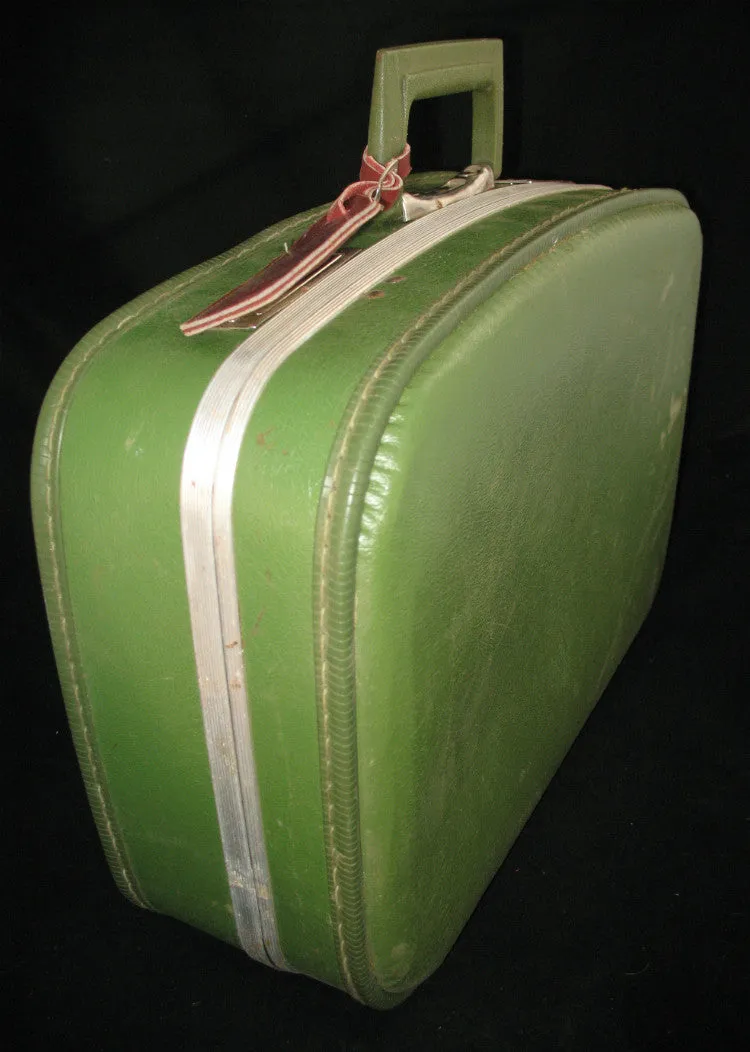 VINTAGE Green Gold HARD CASE TRAVEL LUGGAGE CARRY ON Train BAGGAGE BAG Handbag