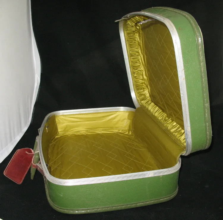 VINTAGE Green Gold HARD CASE TRAVEL LUGGAGE CARRY ON Train BAGGAGE BAG Handbag